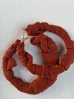 Rust Red Fabric Wrapped Hoop Earrings - Unbranded